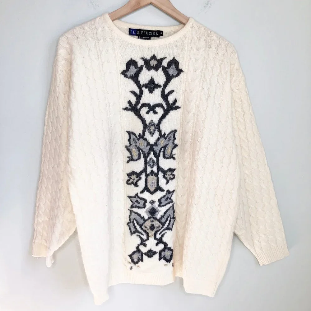 Stunning Vintage Cable Knit Lambs Wool & Angora Blend Nordic Fair Isle Sweater - Picture 1 of 6
